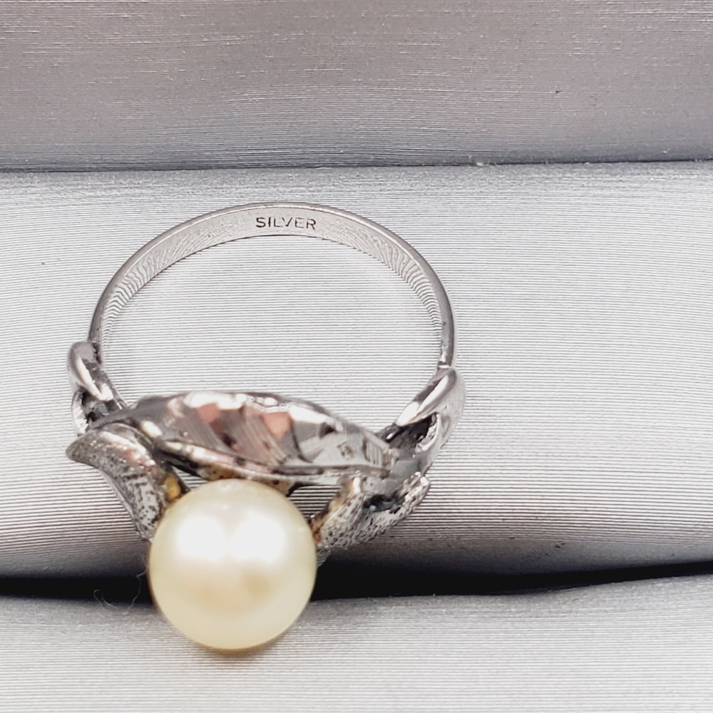 Pearl Ring 925 Sterling Silver Ring Vintage Ring Moon Ring Diamond Cut Ring - Picture 4 of 11